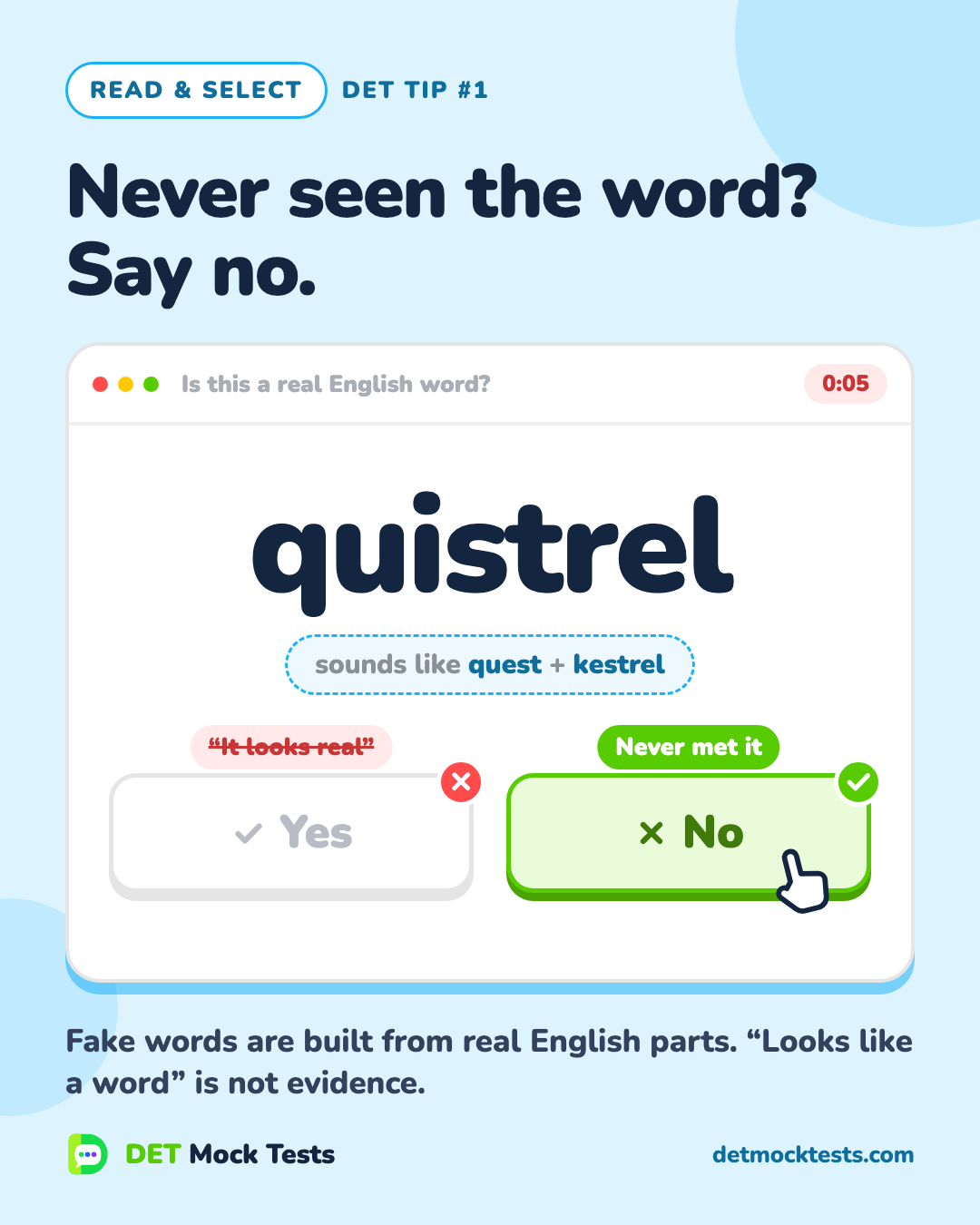 Duolingo English Test tip card for Read & Select: Never seen the word? Say no. The Read & Select screen showing the invented word “quistrel”, with Yes crossed out and No selected.