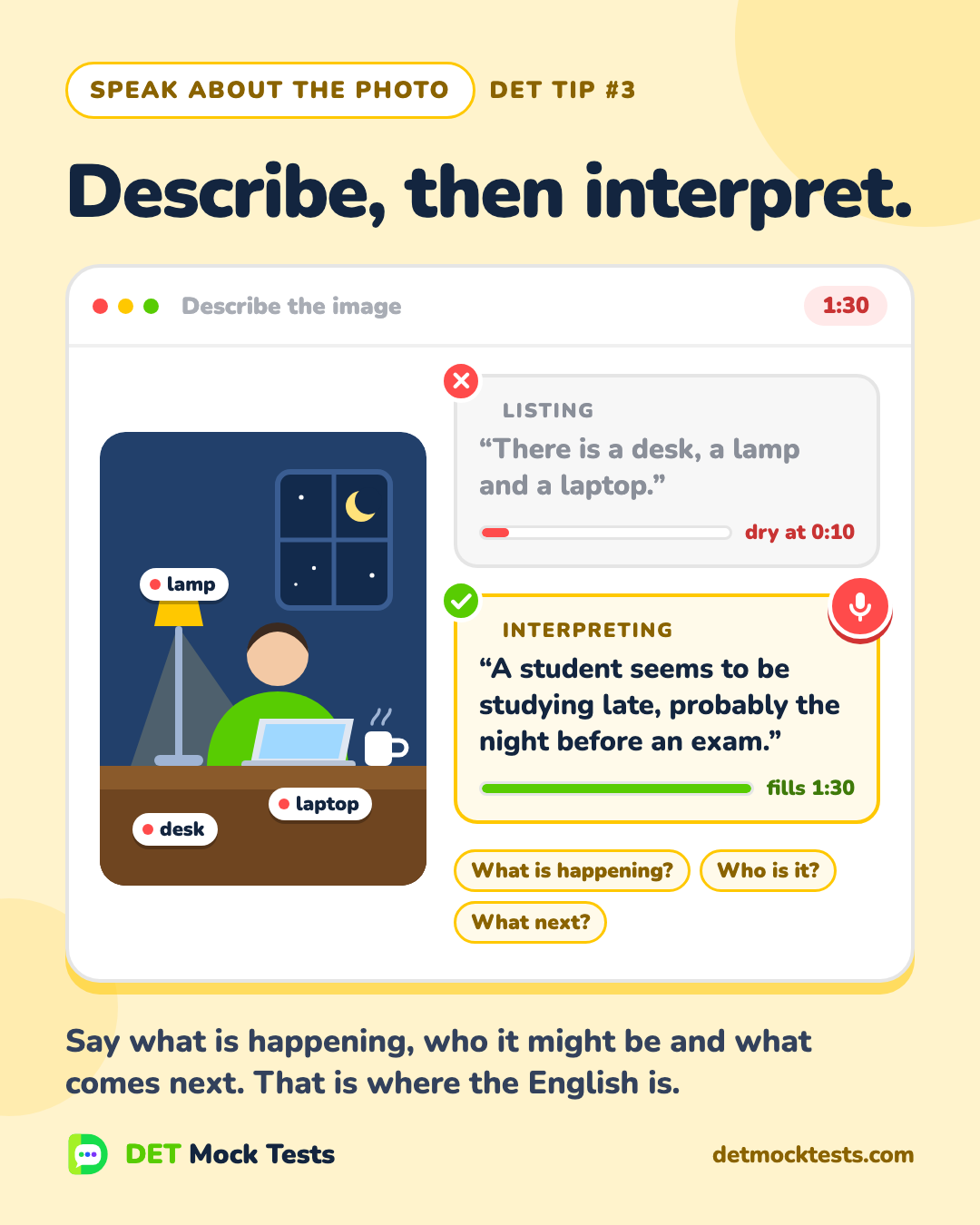 Duolingo English Test tip card for Speak About the Photo: Describe, then interpret. A photo of a student at a desk at night, with a weak answer that lists objects and a strong answer that interprets the scene.